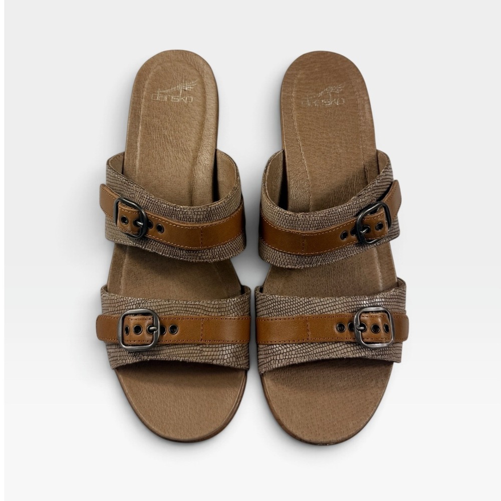 Dansko Jessie Lizard Sandal Womens 41 EU 10.5-11 M US Tan Wedge Buckle Slides